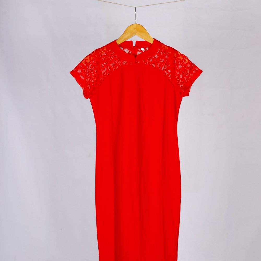 Women Long Slv V-neck Mini Rib Dress RED